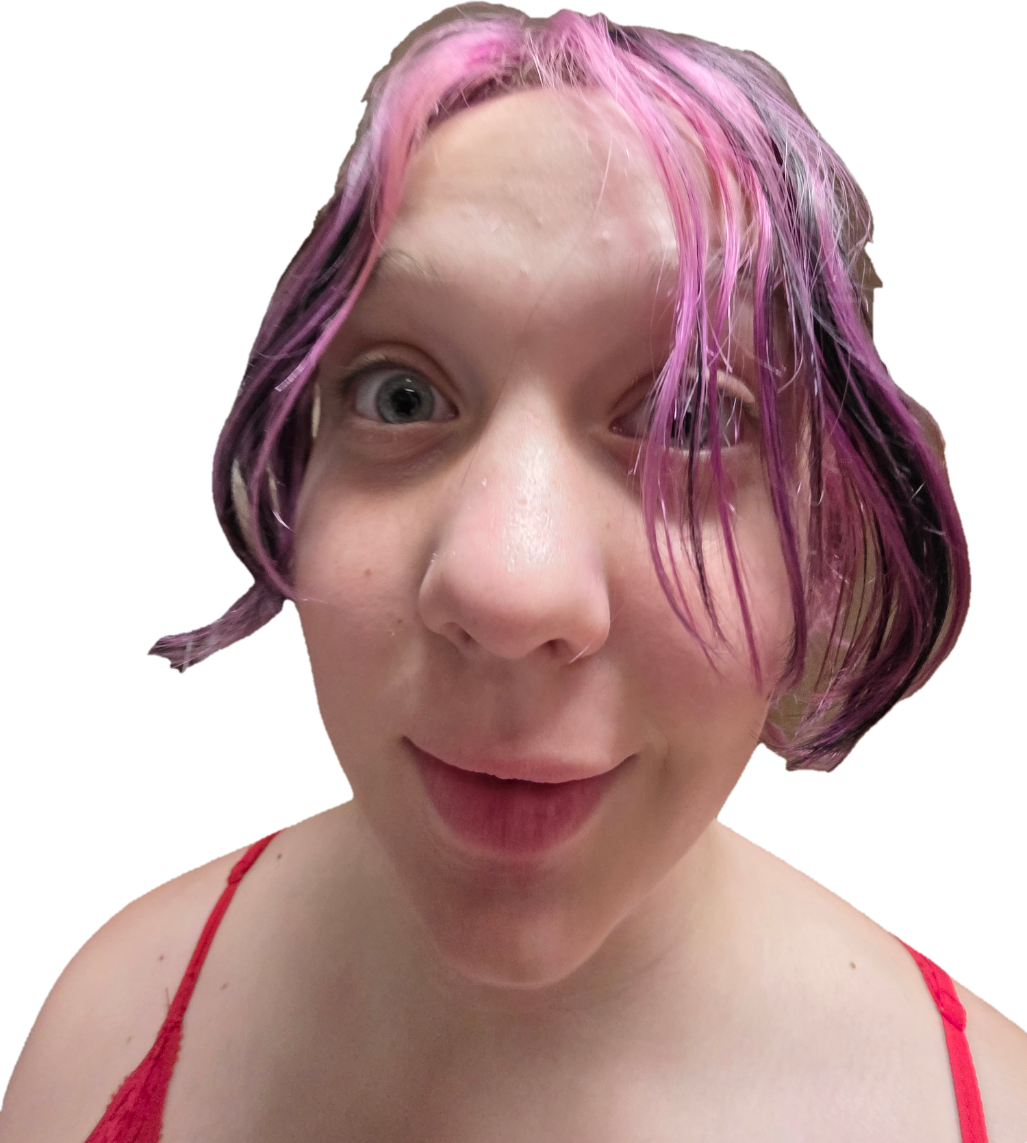 Playful close-up portrait with bright colorful hair, the unofficial mascot of alsoly dot com